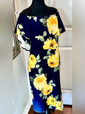 Sophisticated Dress: Floral Off-Shoulder Dress - Navy and Yellow